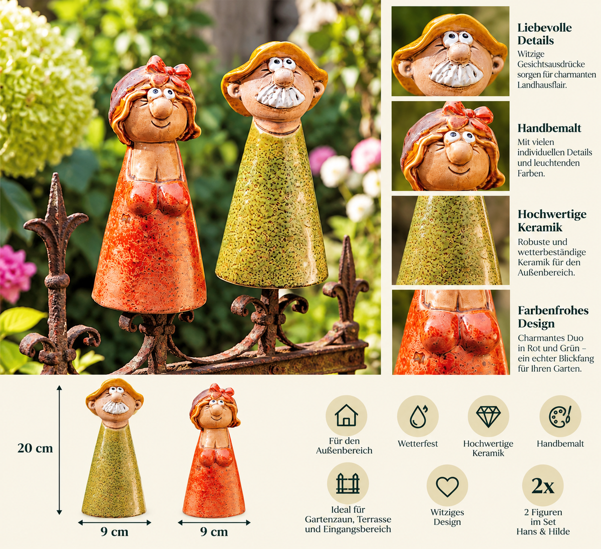Zaunfiguren Hans und Hilde 2er Set Rot Grün 20 cm