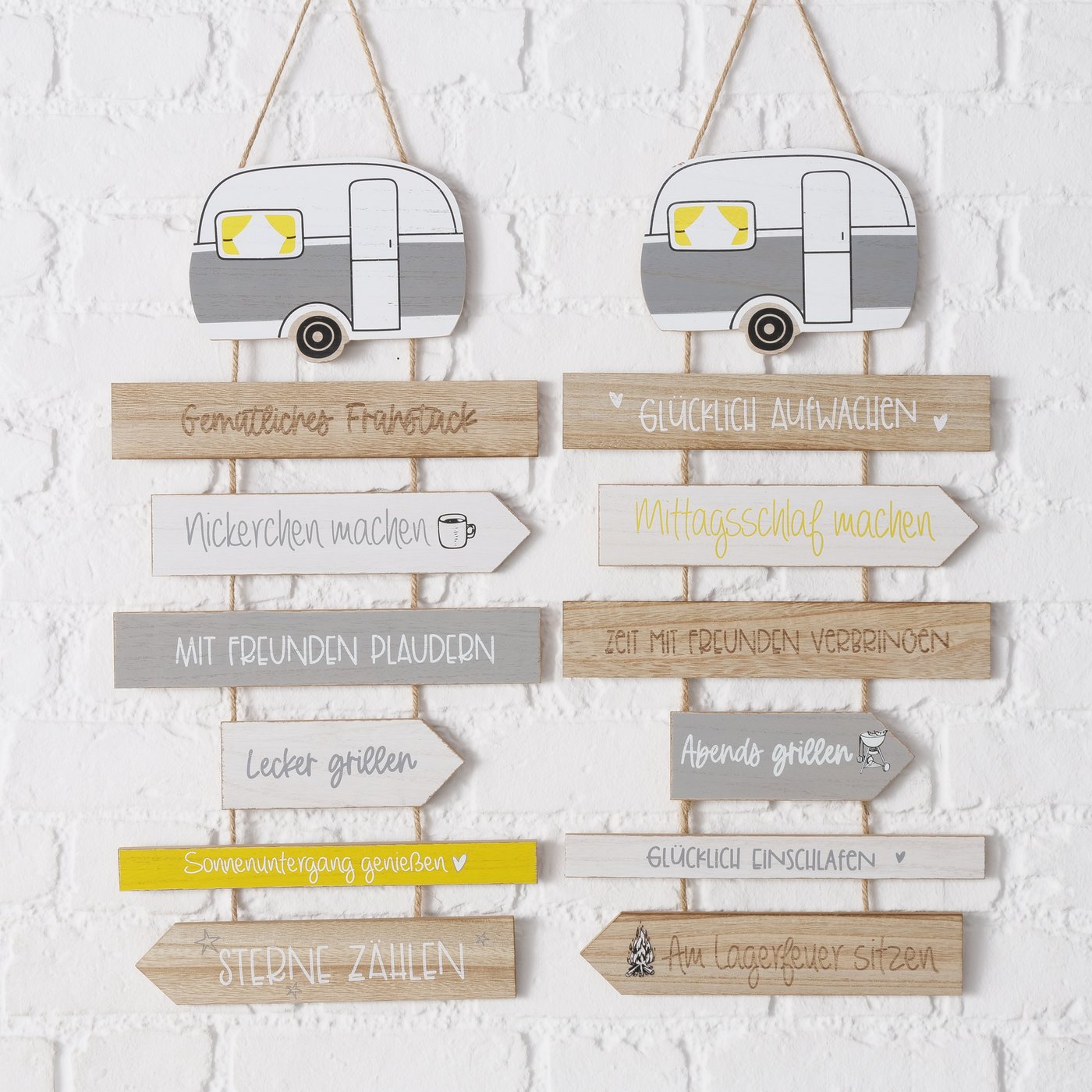 Set van 2 wanddecoratie kampeerregels van hout, 59 cm