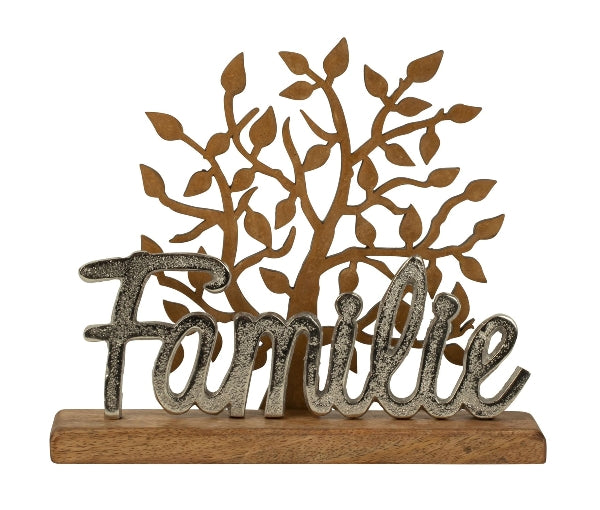 Levensboomdecoratie met aluminium opschrift "Family" op houten sokkel - elegant woondecor B 21,5 cm