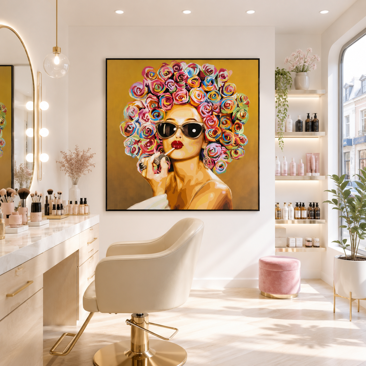Vibrant graffiti woman with lipstick - hand-painted canvas wall decoration in a variety of colors 100x100cm 