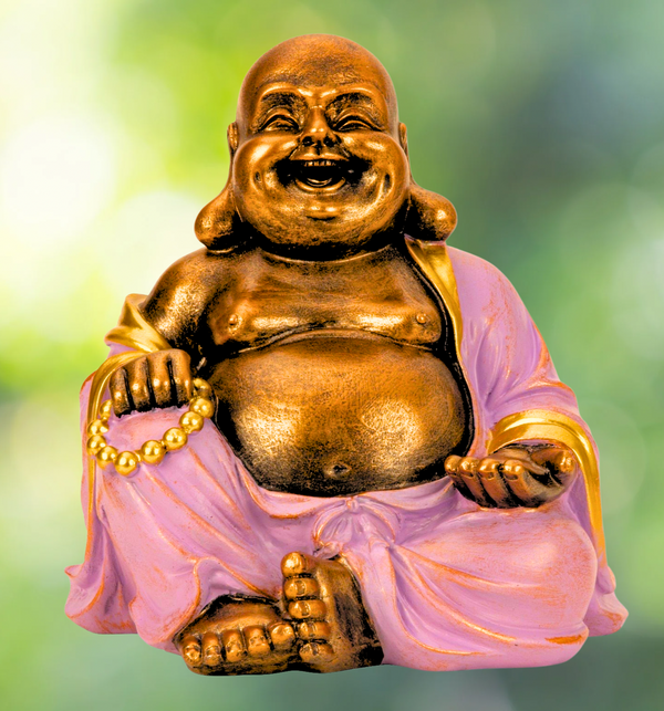 Lachende Buddha Figur mit dickem Bauch – Glückssymbol Dekofigur in Lila Gold