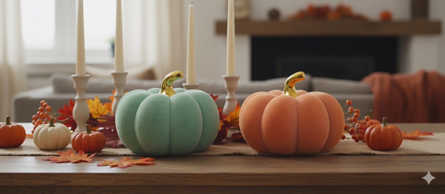 Kürbis Skulptur Cozy Colors Orange Mintgrün Samtoptik 19cm Halloween Deko Dolomit Figur