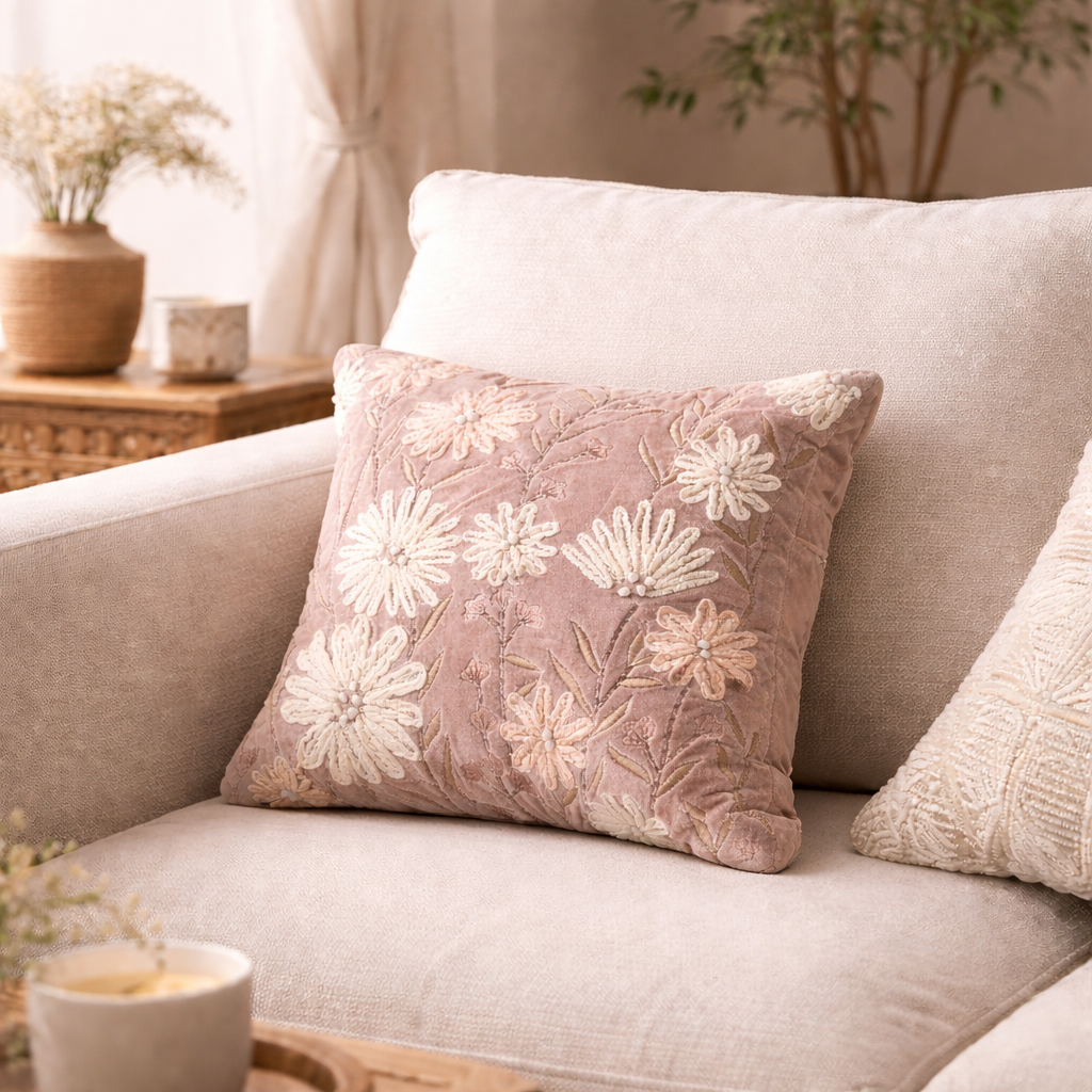 Embroidered sofa cushion Fleur – Handmade decorative cushion in pink 30cm