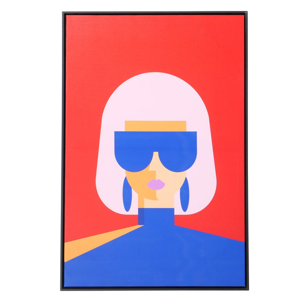 Abstracte muurschildering "Rachel" - vrouw in rood en blauw met zwart frame