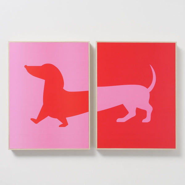 Teckel Muurkunst - Levendig kunstwerk in rood en roze, 30x40 cm
