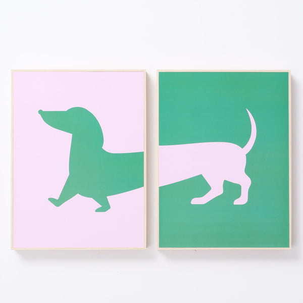 Dachshund wall picture - Vibrant artwork in green &amp; light purple, 30x40 cm