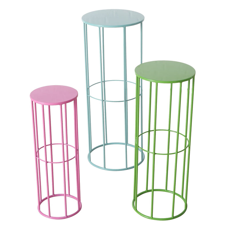 Set of 3 decorative tables Eton metal frame in blue, green, pink