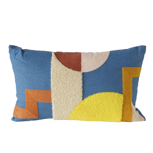 Kussen Almedin, geometrisch ontwerp, vierkant, blauw geel lichtroze