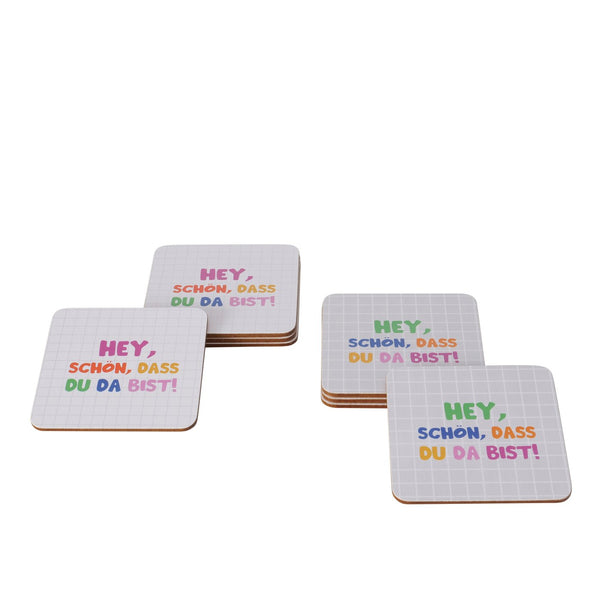 Coaster Hey, 4 pcs., Square, Pink White, Saying: Hey nice that you are here