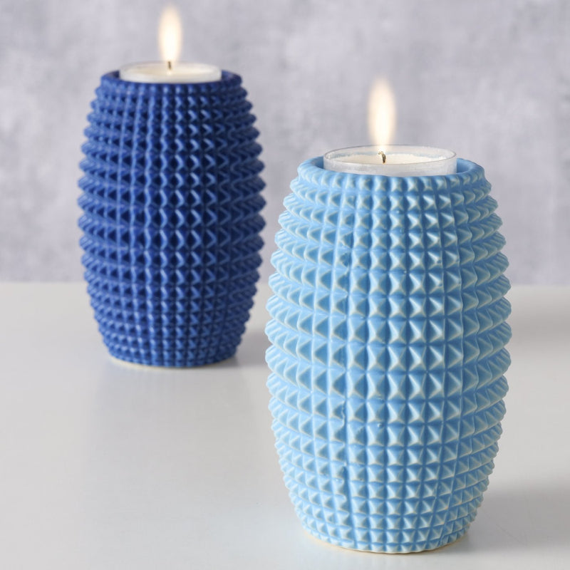 Set of 2 tealight holders "Charleston" - stoneware with relief pattern in blue