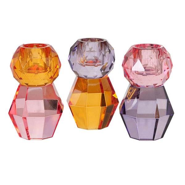 Charming trio: Kolloni candlestick set made of multifaceted glass, multicolored