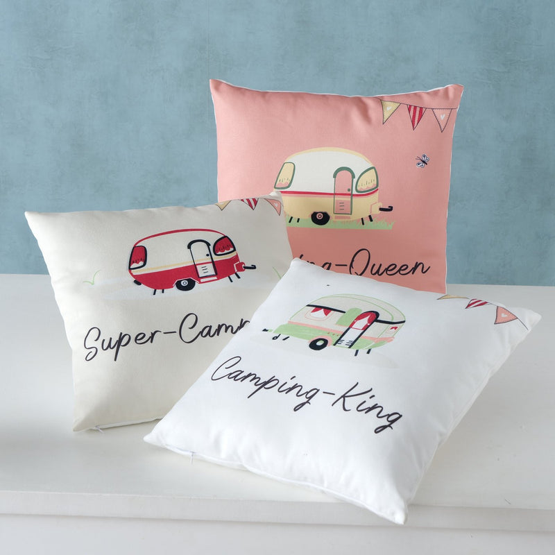 Set of 3 camping pillows – "Super Camper", "Camping King" &amp; "Camping Queen"