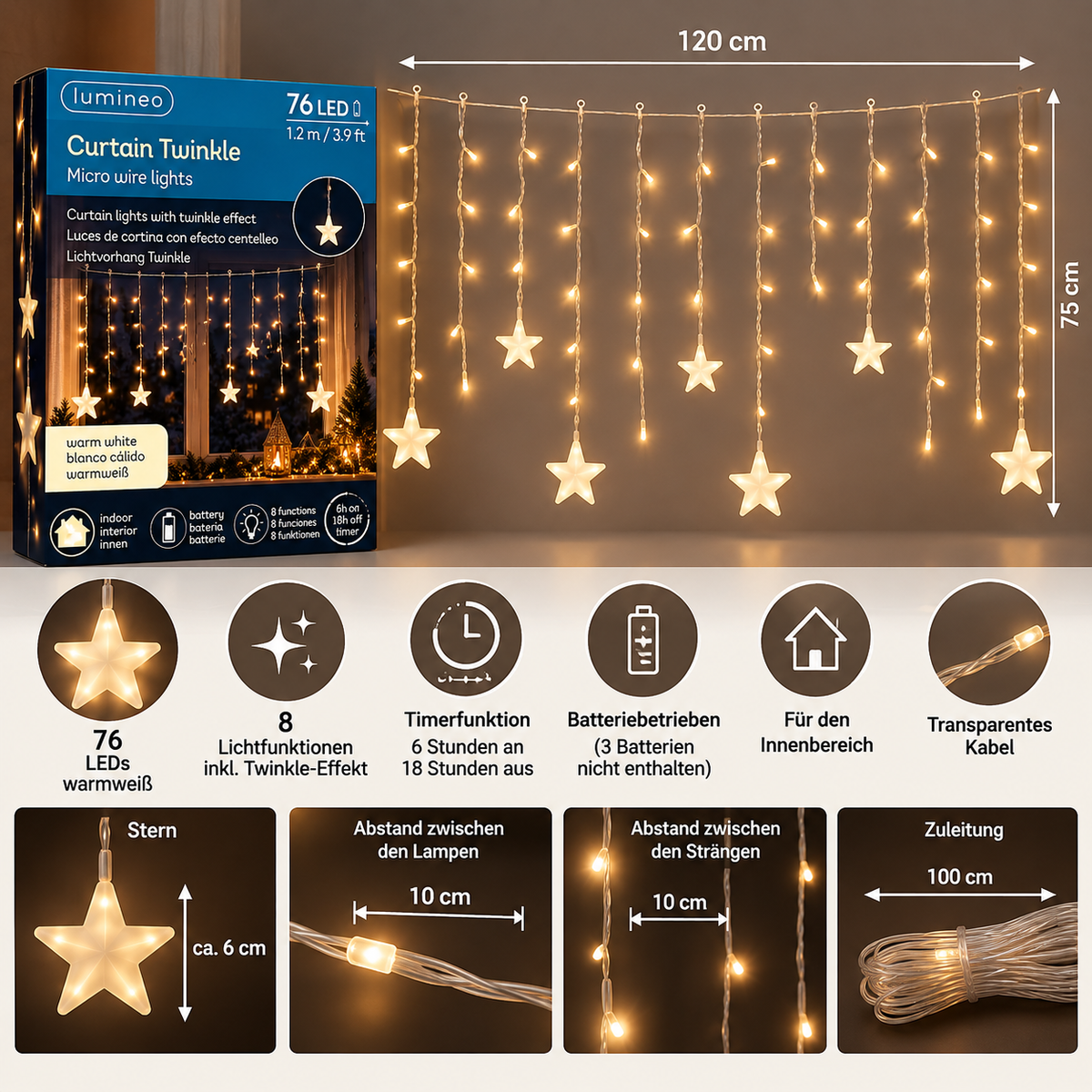 LED Fenstervorhang Sternenfunkeln warmweiß 120 × 75 cm