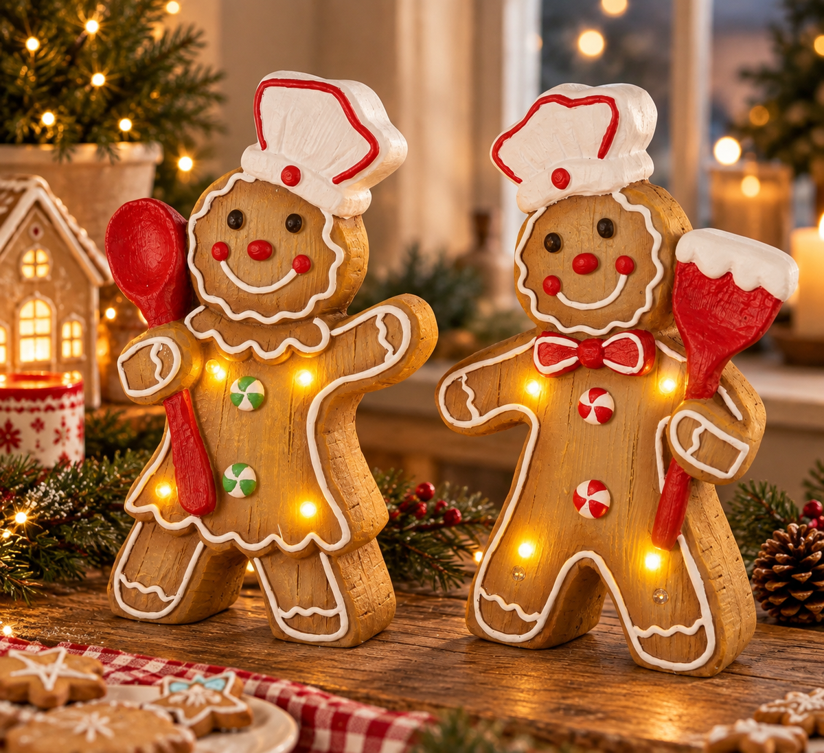 LED Weihnachtsfiguren Lebkuchenbäcker Nelly 2er Set Braun Rot 34 cm