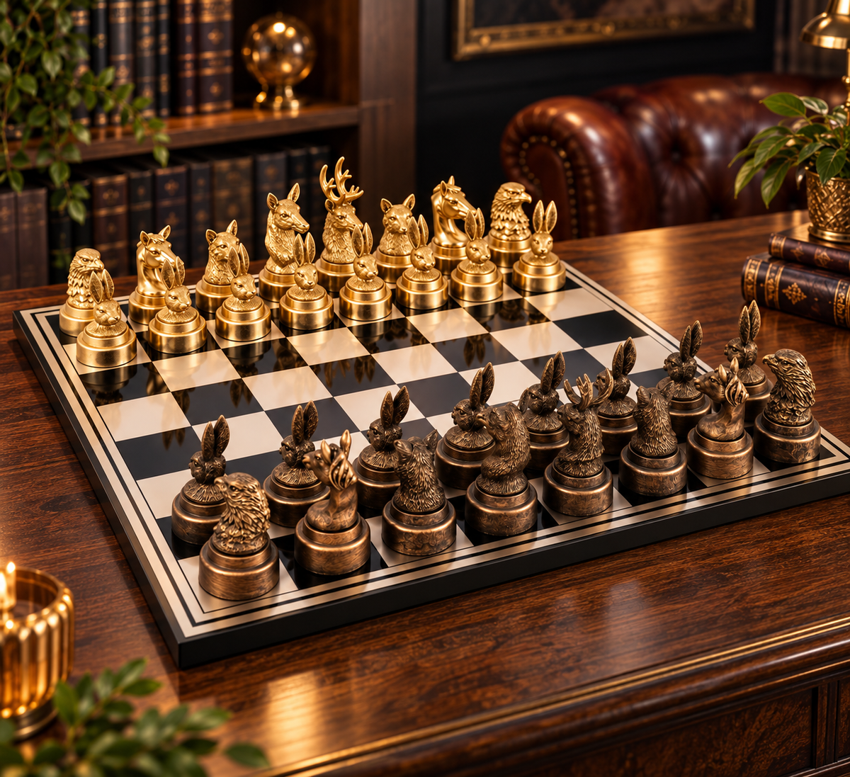 Schachspiel Tierwelt Gold Bronze 60,5 cm mit Tierfiguren