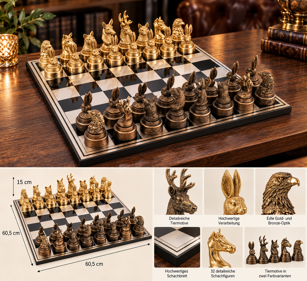 Schachspiel Tierwelt Gold Bronze 60,5 cm mit Tierfiguren