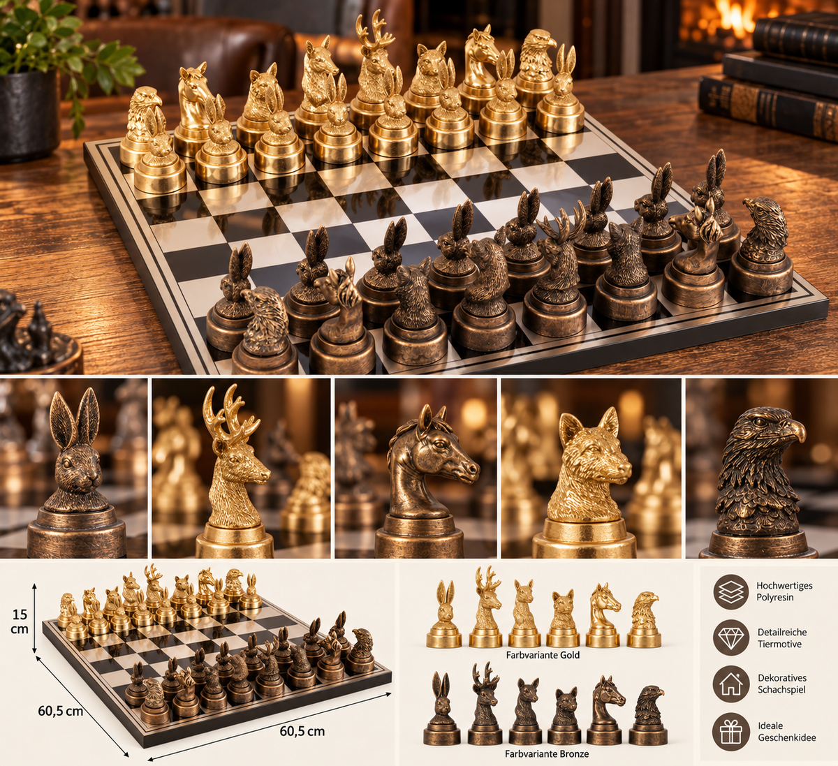 Schachspiel Tierwelt Gold Bronze 60,5 cm mit Tierfiguren