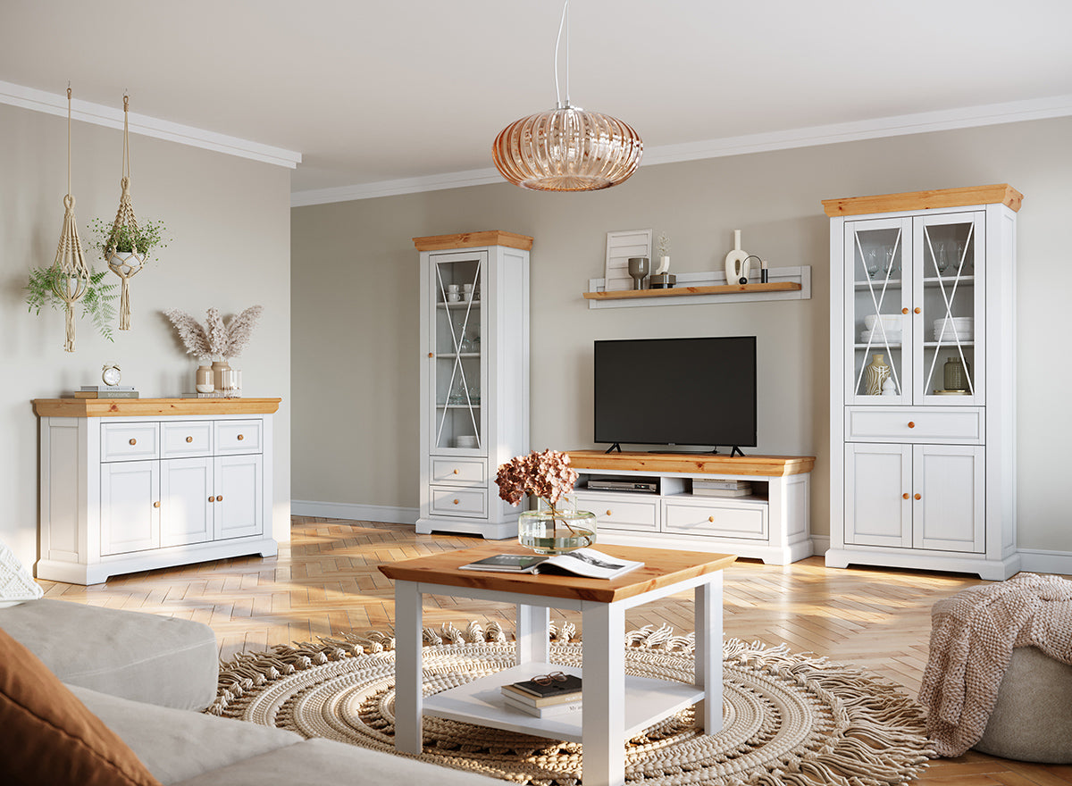 Milano Elite Massivholz Kiefer Vitrine 2D | Farbe Weiß/Kiefer