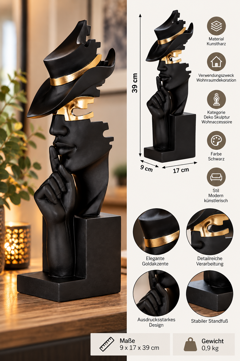 Deko Skulptur Mystique Noir Kopf Figur modern schwarz gold