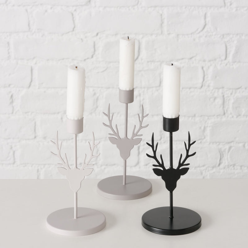 Set van 3 metalen hertenkandelaars - grijs en zwart, 16 cm