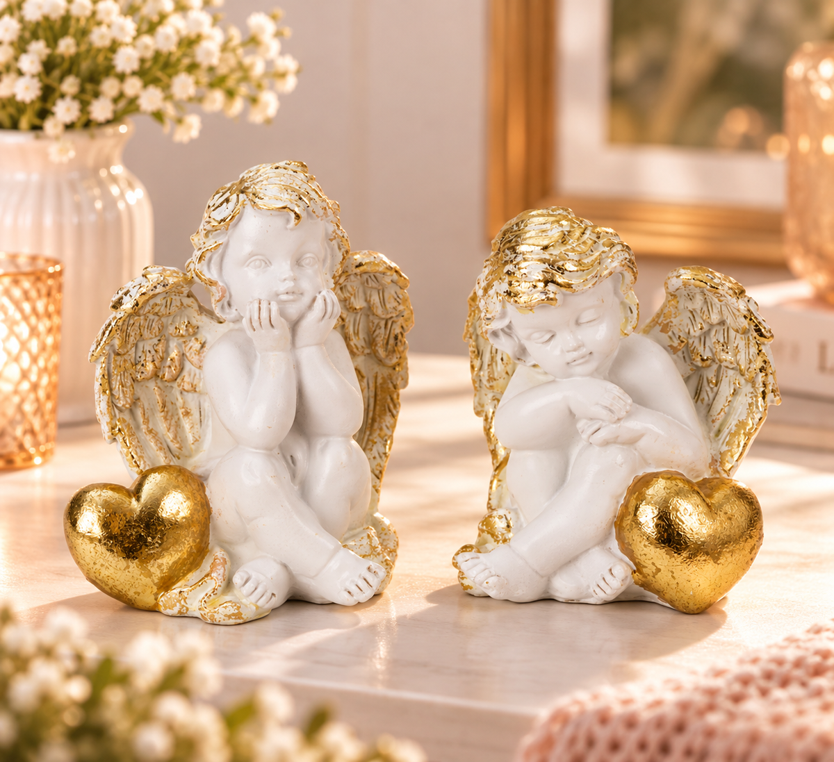 Engel Figuren Herzensengel Weiß Gold 2er Set 11 und 12 cm