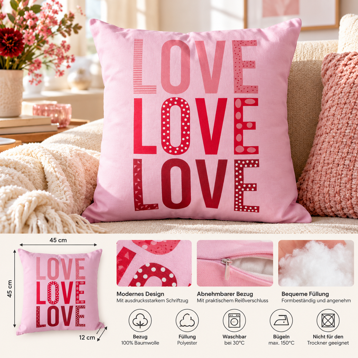 Dekokissen Lovekiss Rosa Rot mit LOVE-Schriftzug 45 x 45 cm