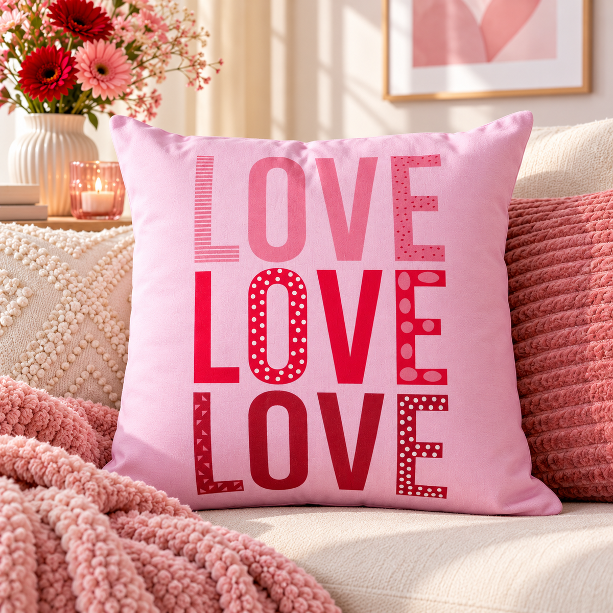 Dekokissen Lovekiss Rosa Rot mit LOVE-Schriftzug 45 x 45 cm