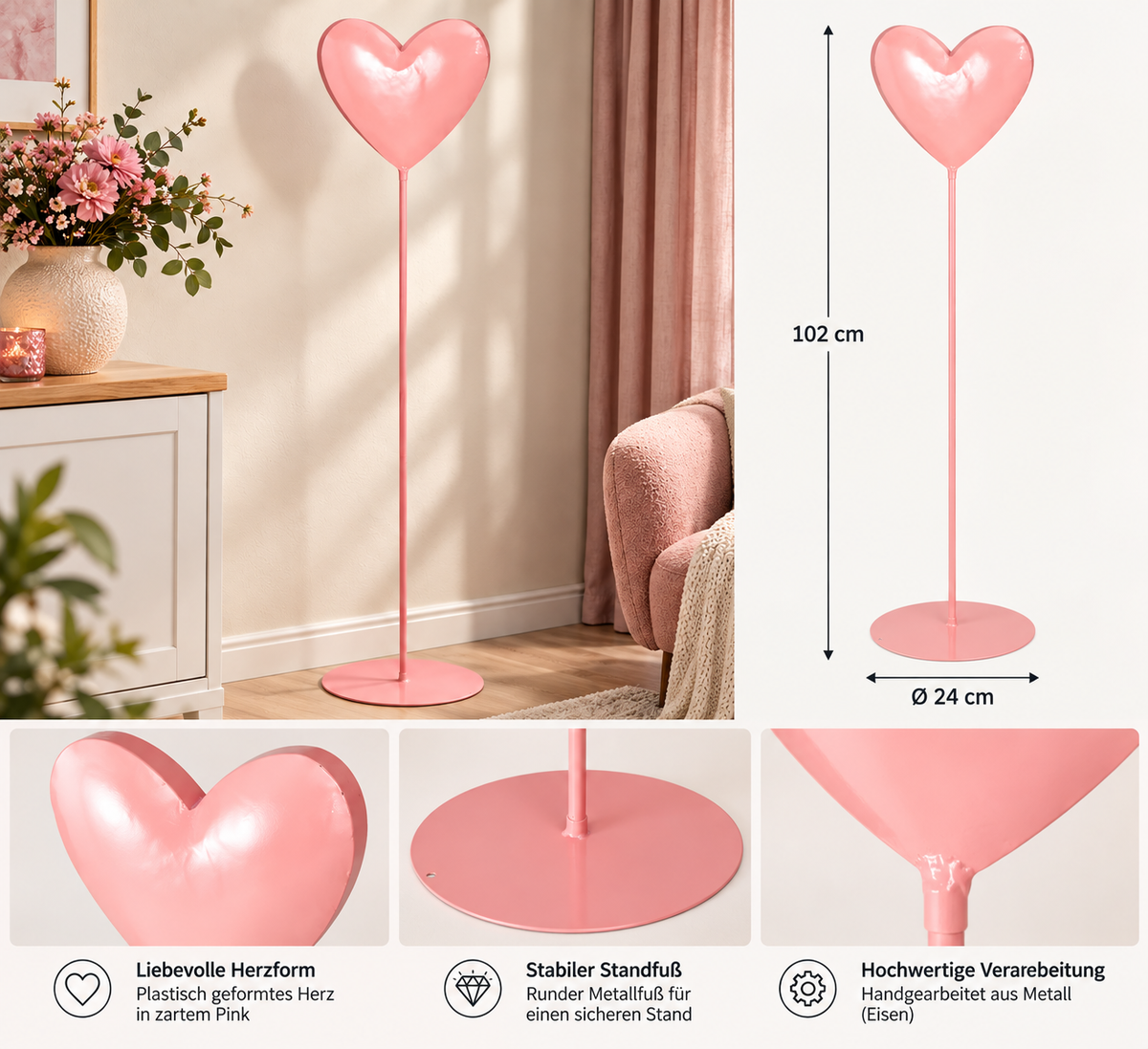Dekoaufsteller Herz Amora Pink 102 cm