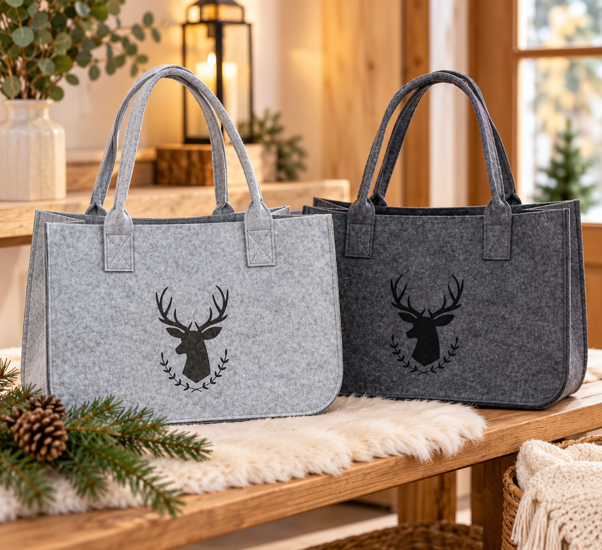 Filztaschen Hirschmotiv Grau 2er Set 45 cm