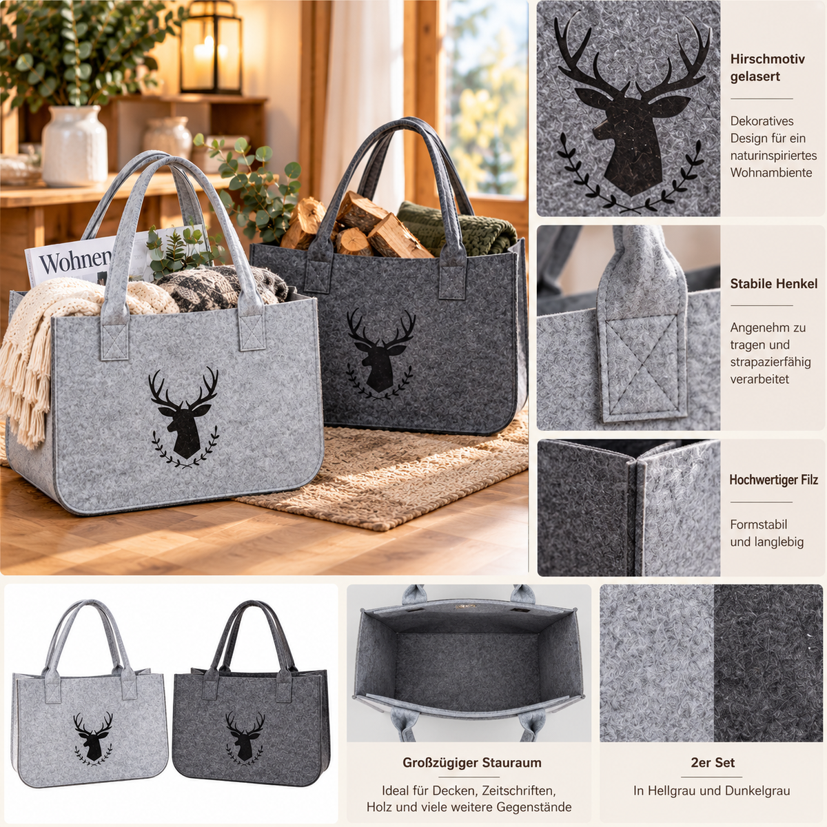 Filztaschen Hirschmotiv Grau 2er Set 45 cm