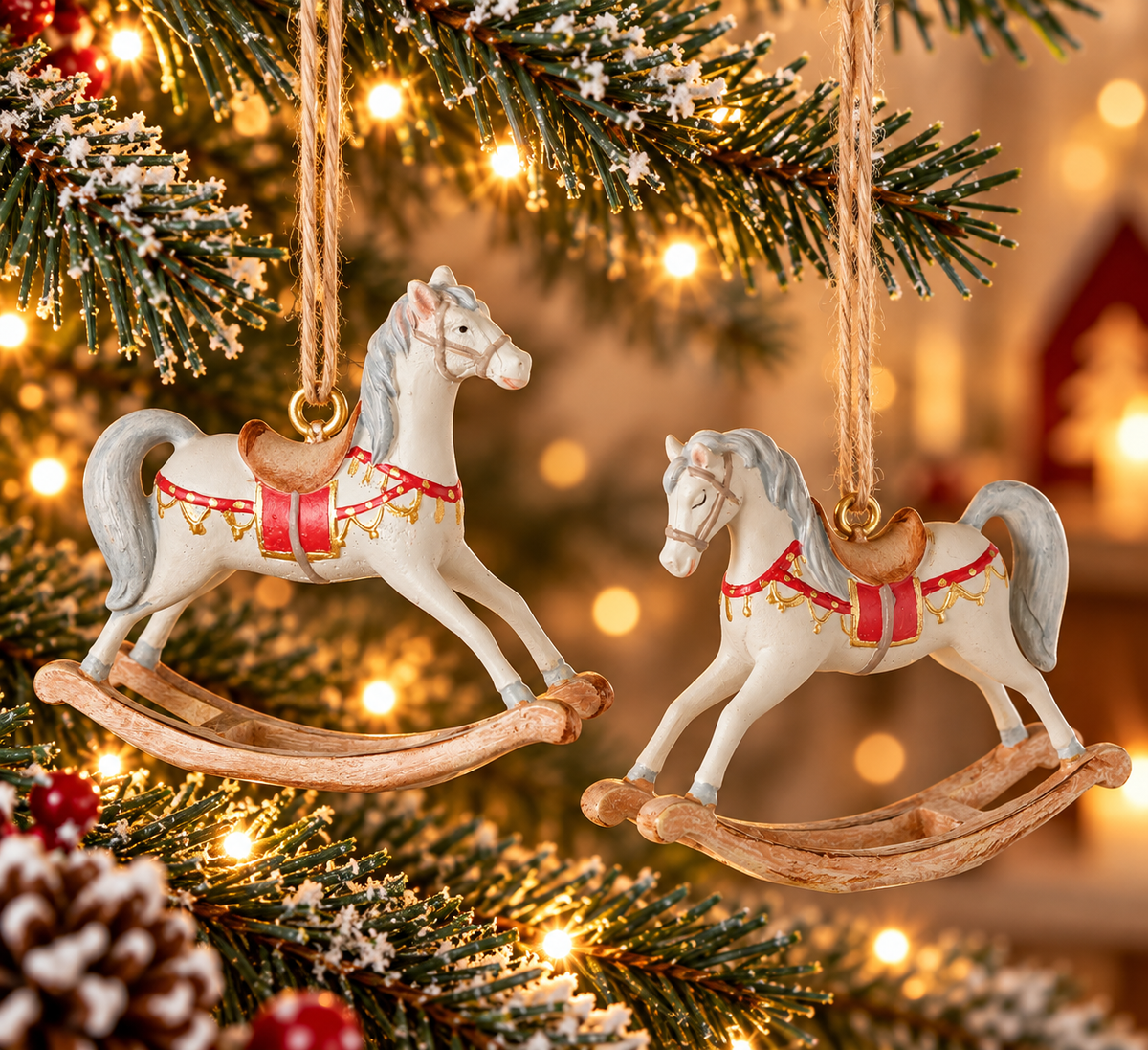 Weihnachtsanhänger Cavallo Schaukelpferd Cremeweiß 2er Set 7,2 cm