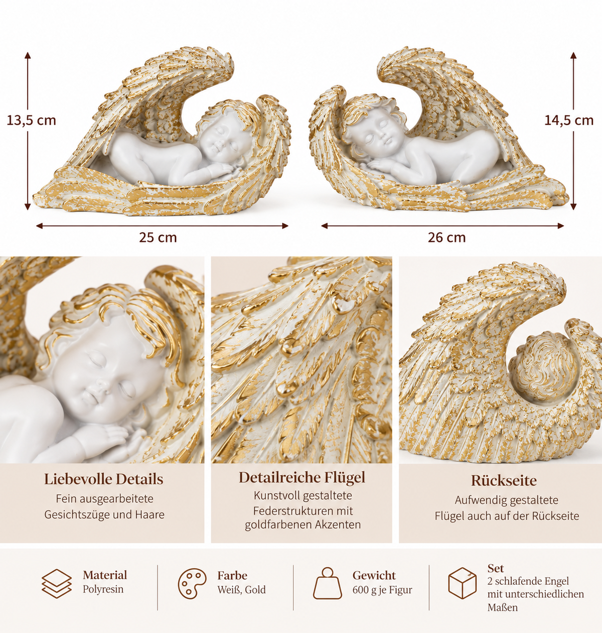 Engelfiguren Schlafende Engel in goldenen Flügeln Weiß Gold 2er Set 25–26 cm