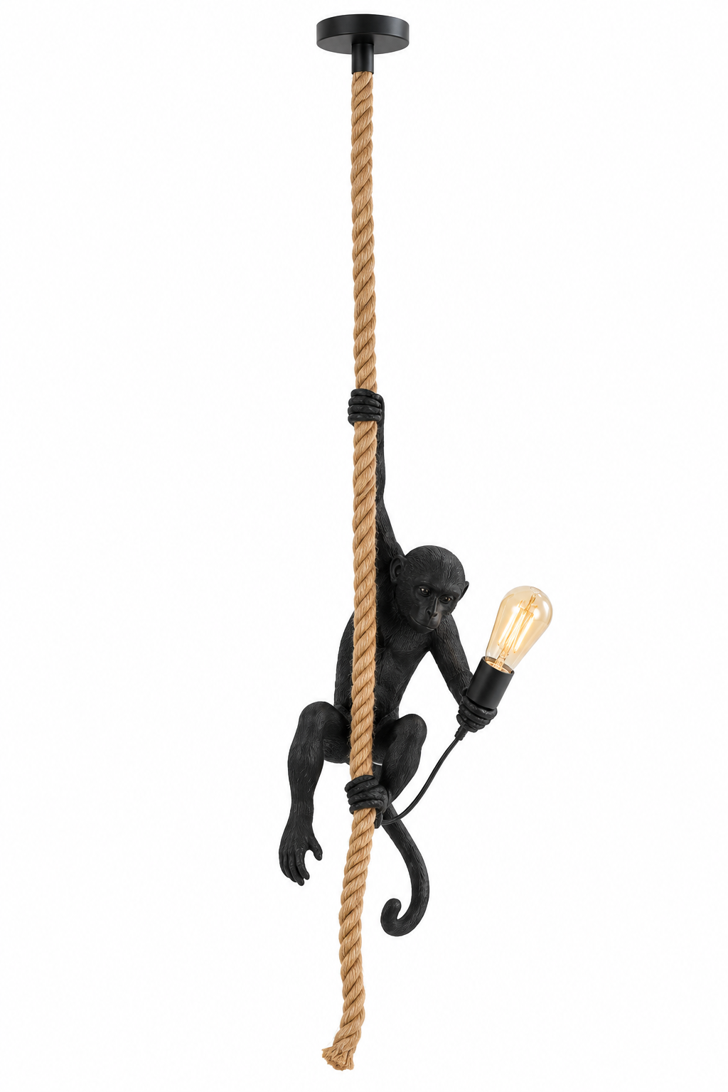 Pendelleuchte Monkey Schwarz mit Affenfigur und Seil 145 cm