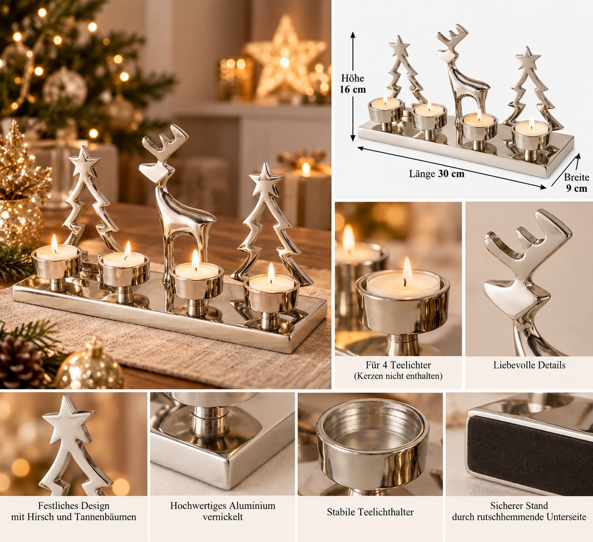 Adventskranz Sternenhirsch Silber mit 4 Teelichthaltern 30 cm