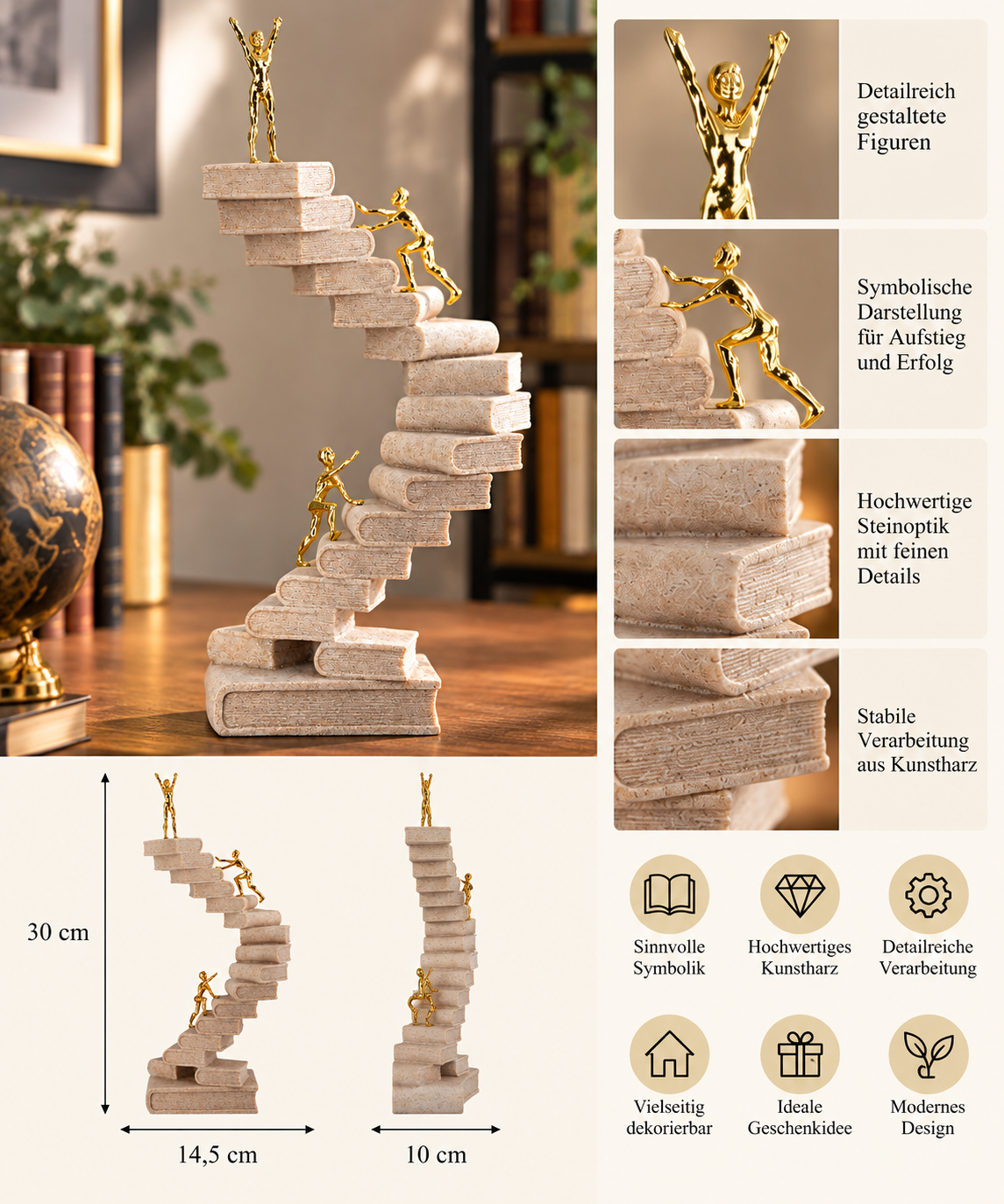 Skulptur Wissensweg Bücher Treppe Creme Gold 30cm