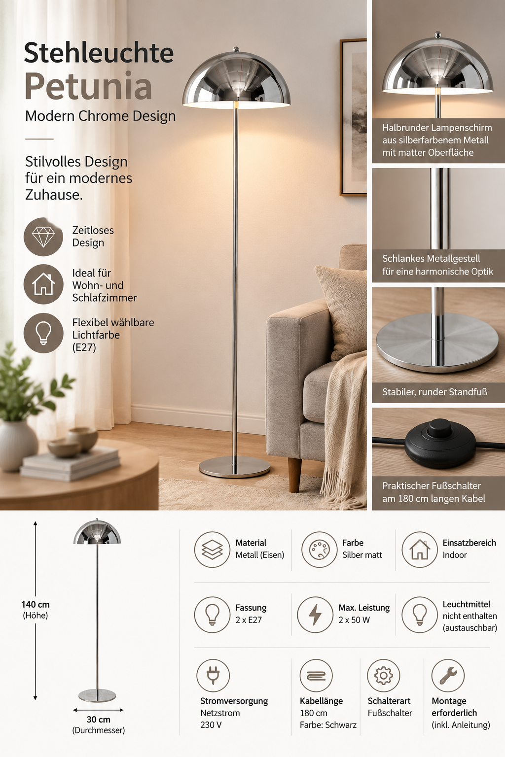 Stehleuchte Petunia Silber Chrom-Design 140 cm