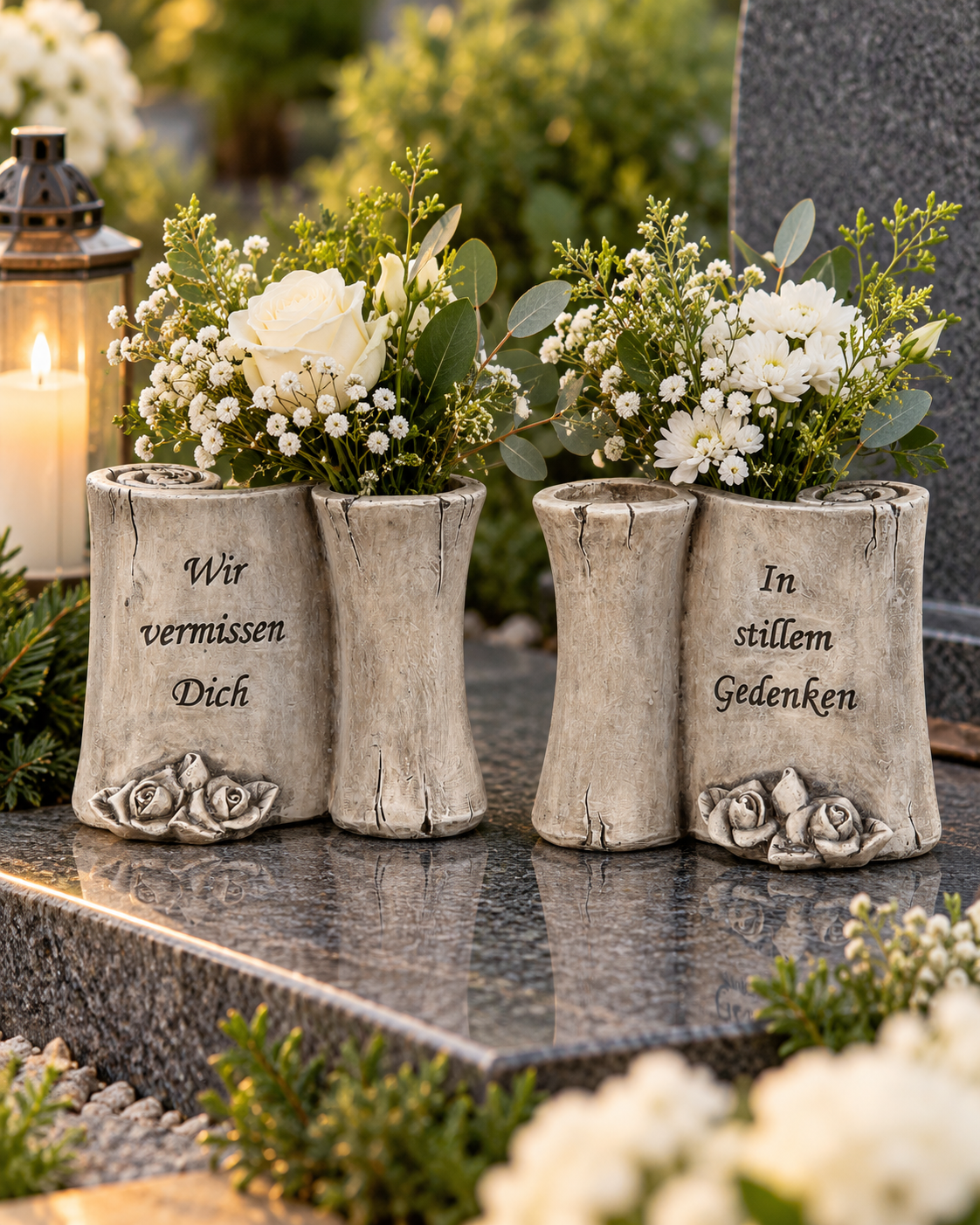 Grabvasen Stilles Gedenken Grau mit Rosen 2er Set 13 und 13,5 cm