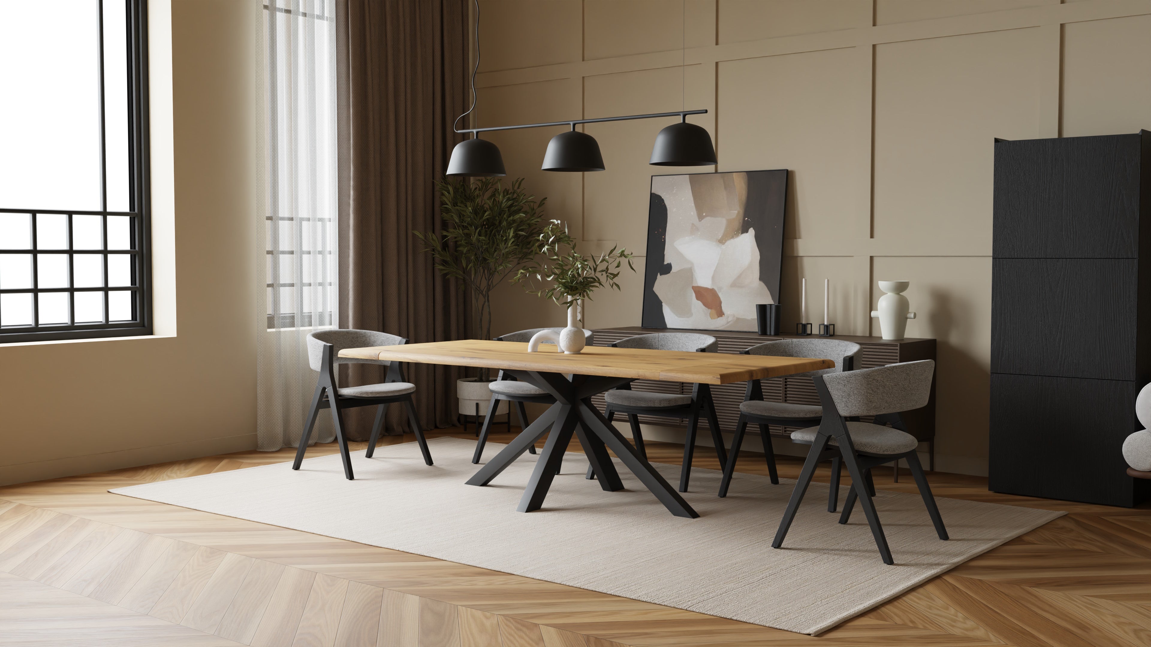Dining table with extension leaves, 160 (240) x90cm, solid oak tree edge and spider frame