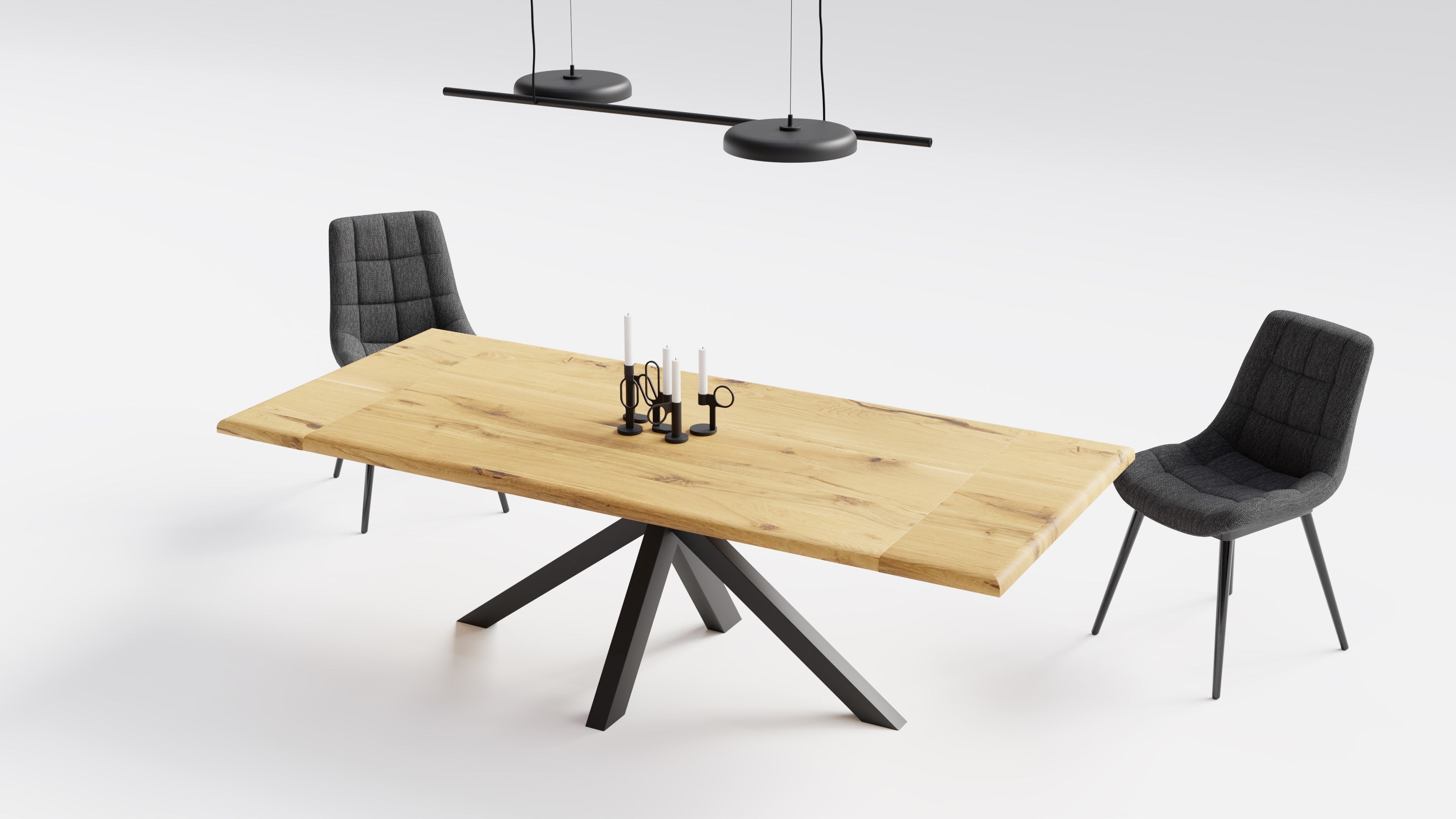 Dining table with extension leaves, 160 (240) x90cm, solid oak tree edge and spider frame