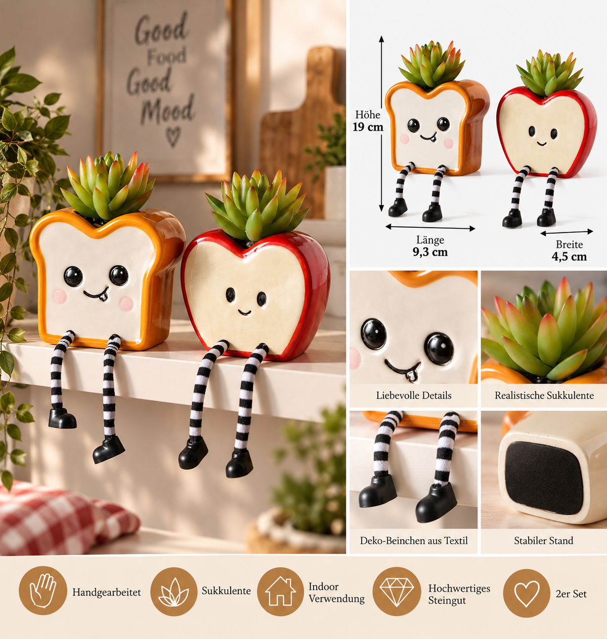 Deko Sukkulenten Foodie 2er Set Toast und Apfel 19 cm