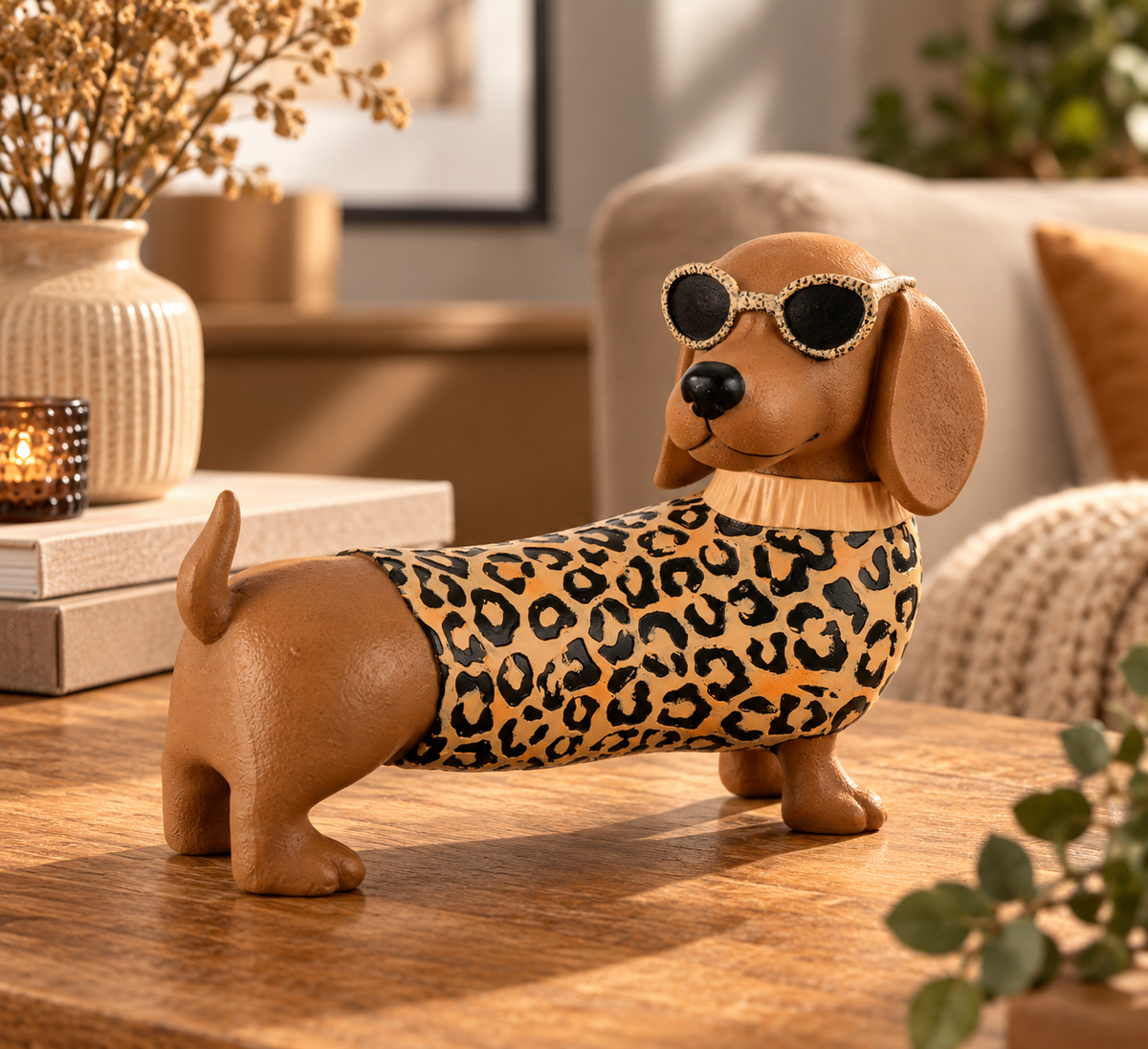 Dekofigur Dackel Bruno mit Leopardenmuster braun 25 cm