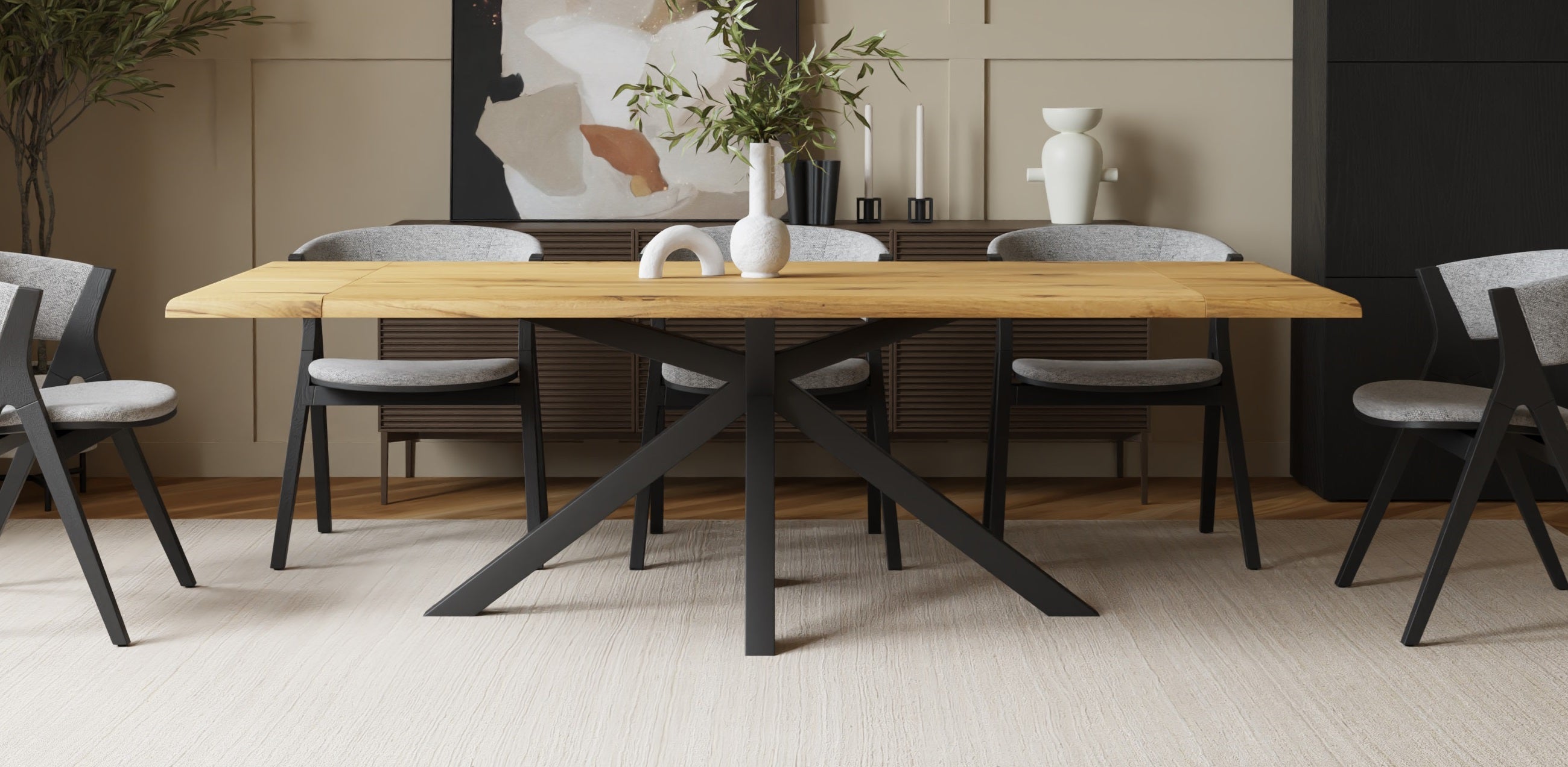 Dining table with extension leaves, 160 (240) x90cm, solid oak tree edge and spider frame