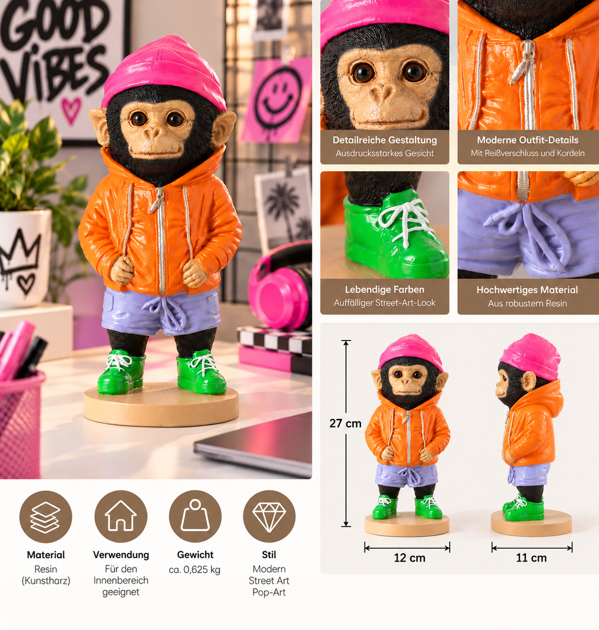 Dekofigur Urban Monkey Affe bunt 27 cm