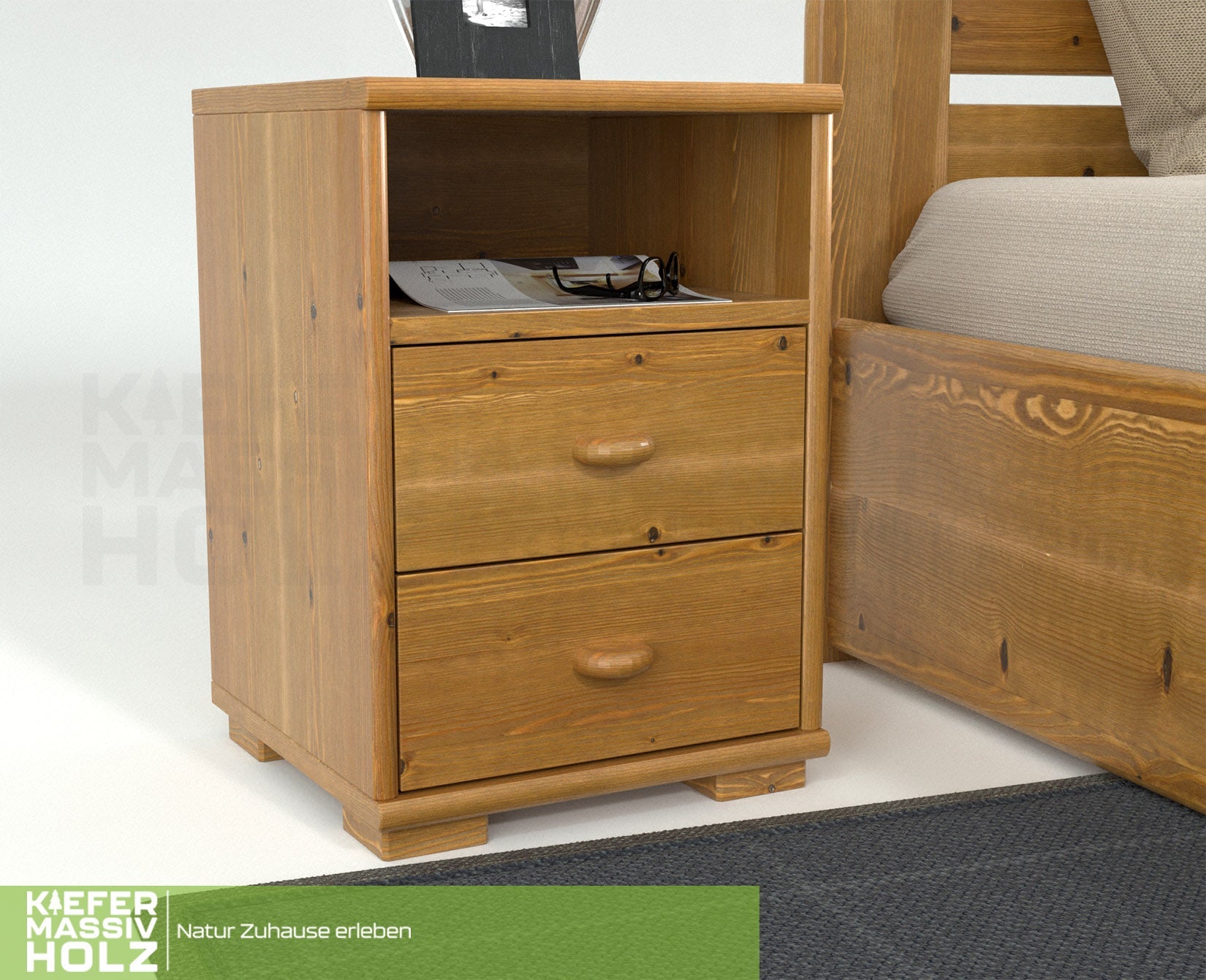 Vanessa Kiefer Massivholz Nachttisch Nachtschrank | 2-Schubladen 1-Regal | 100% Bio Kiefer