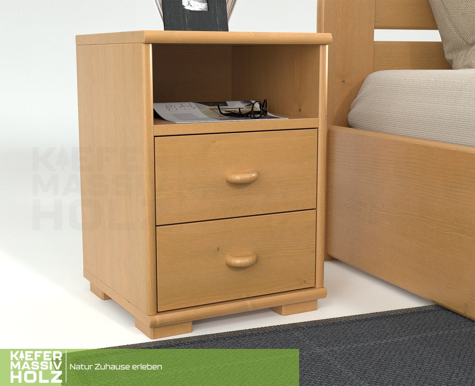 Vanessa Kiefer Massivholz Nachttisch Nachtschrank | 2-Schubladen 1-Regal | 100% Bio Kiefer