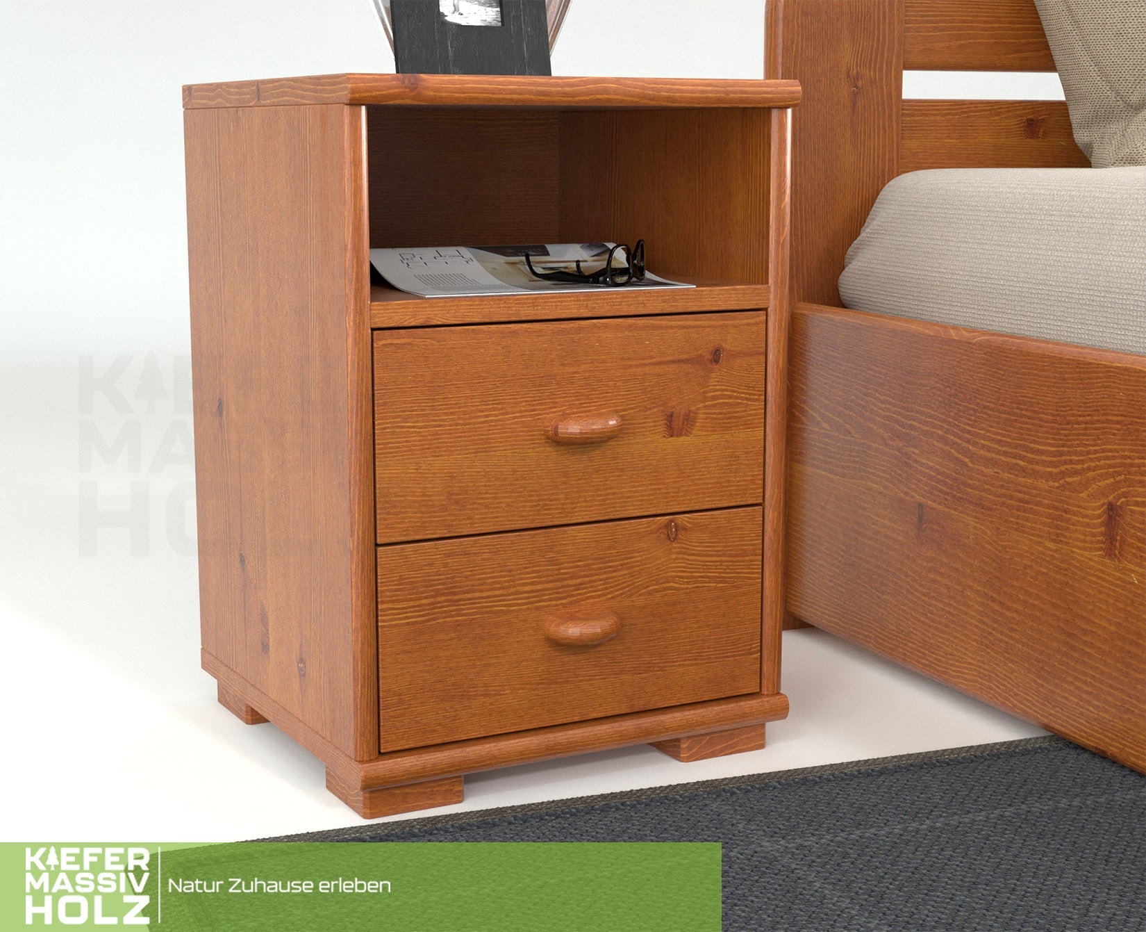 Vanessa Kiefer Massivholz Nachttisch Nachtschrank | 2-Schubladen 1-Regal | 100% Bio Kiefer