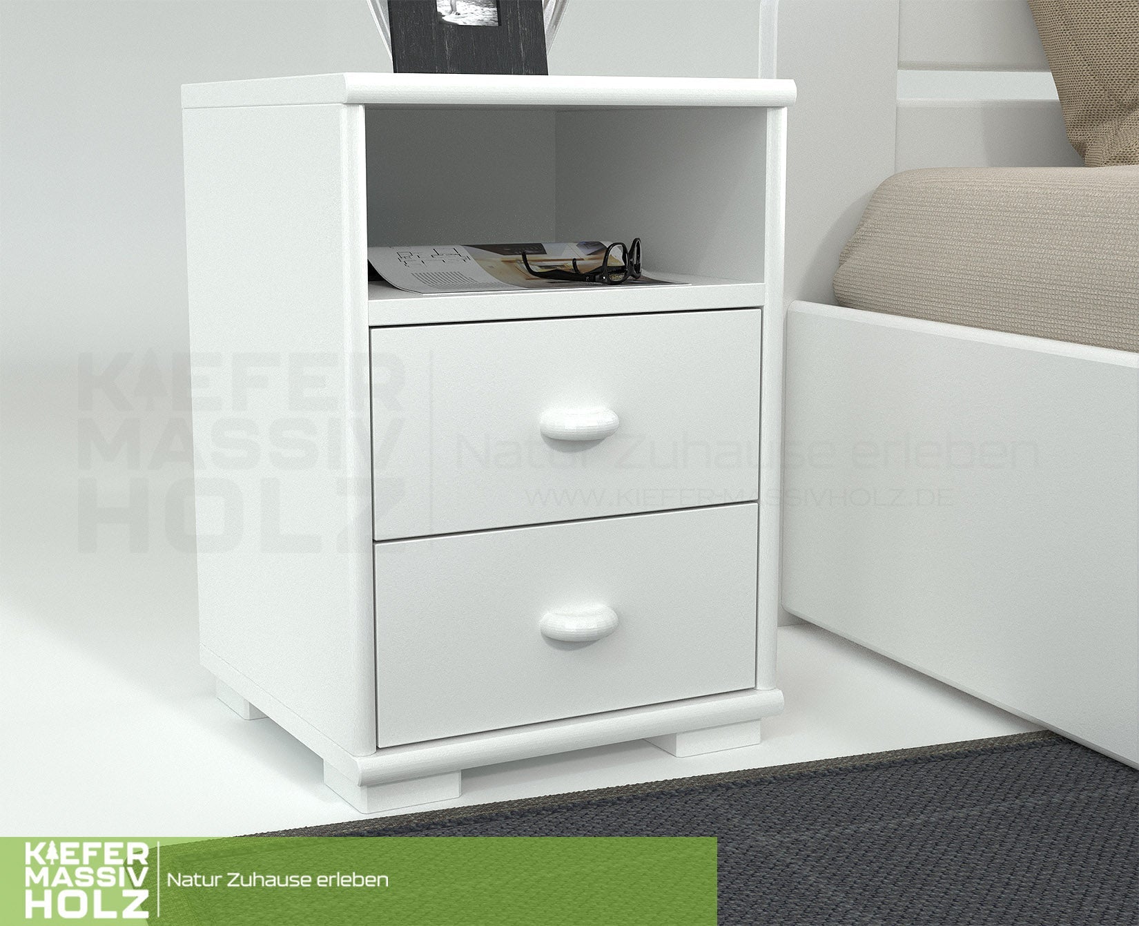 Vanessa Kiefer Massivholz Nachttisch Nachtschrank | 2-Schubladen 1-Regal | 100% Bio Kiefer