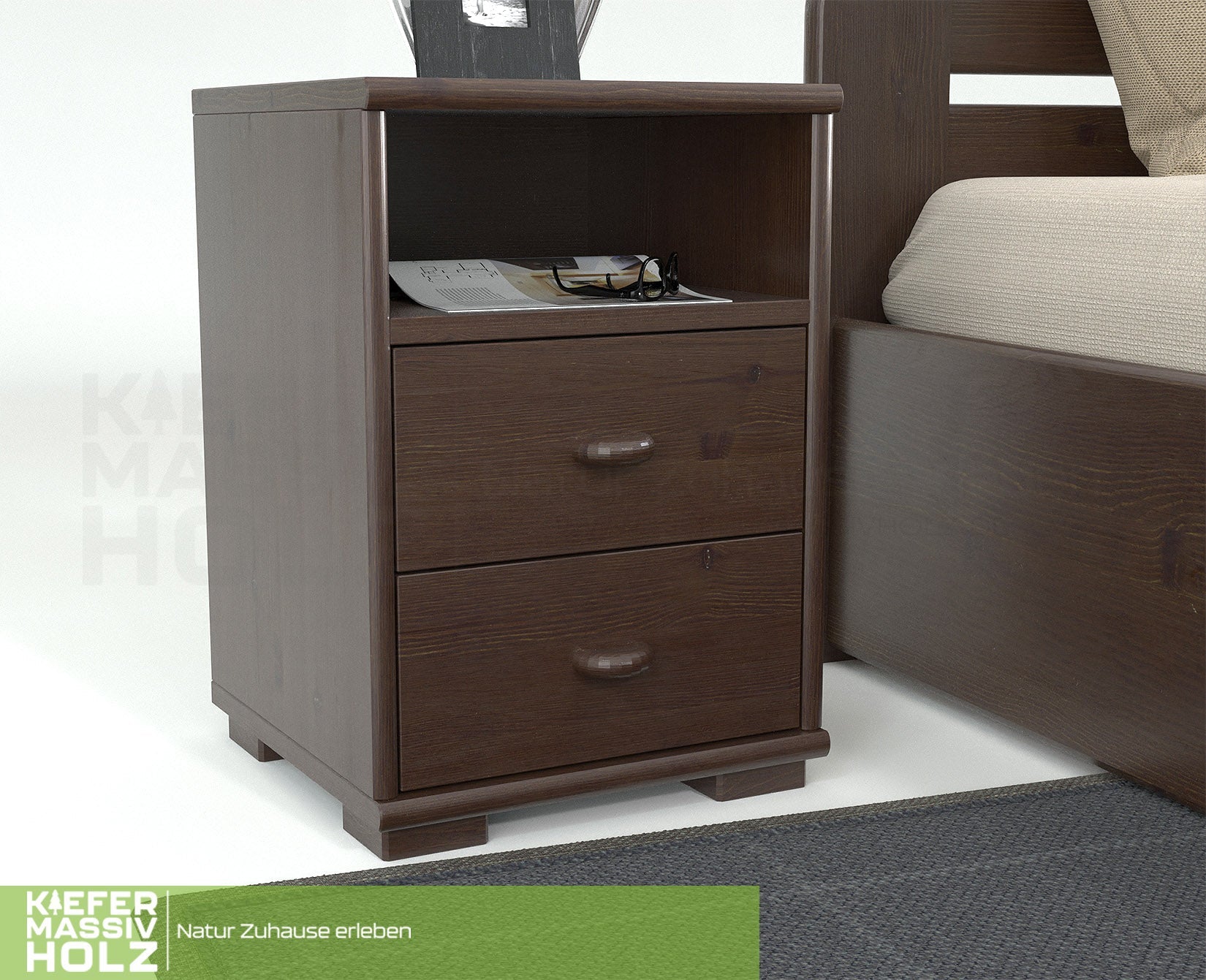 Vanessa Kiefer Massivholz Nachttisch Nachtschrank | 2-Schubladen 1-Regal | 100% Bio Kiefer
