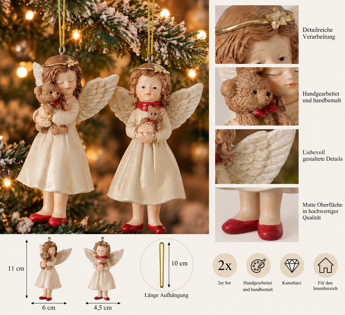 Weihnachtsanhänger Himmelsfreunde Engel mit Bär 2er Set cremeweiß 11 cm