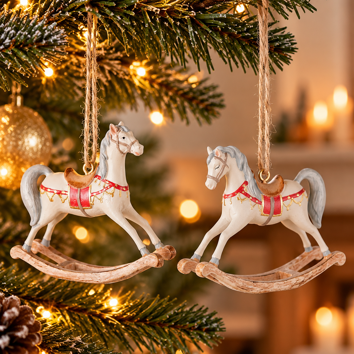 Weihnachtsanhänger Cavallo Schaukelpferde Cremeweiß 2er Set 7,2 cm
